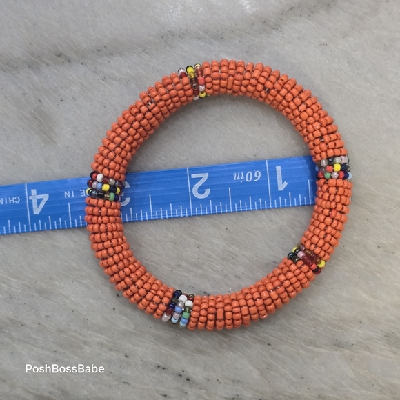 Set of 9 Handmade Maasai-Style Seed Bead Bangle Bracelets – Red, Yellow, Orange - Picture 4 of 11
